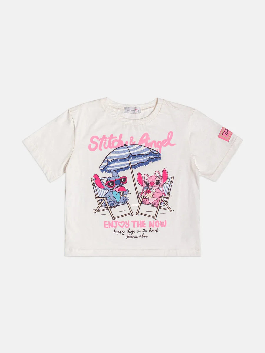 Blusa Infantil Menina Momi Stitch e Angel Verão Strass Disney