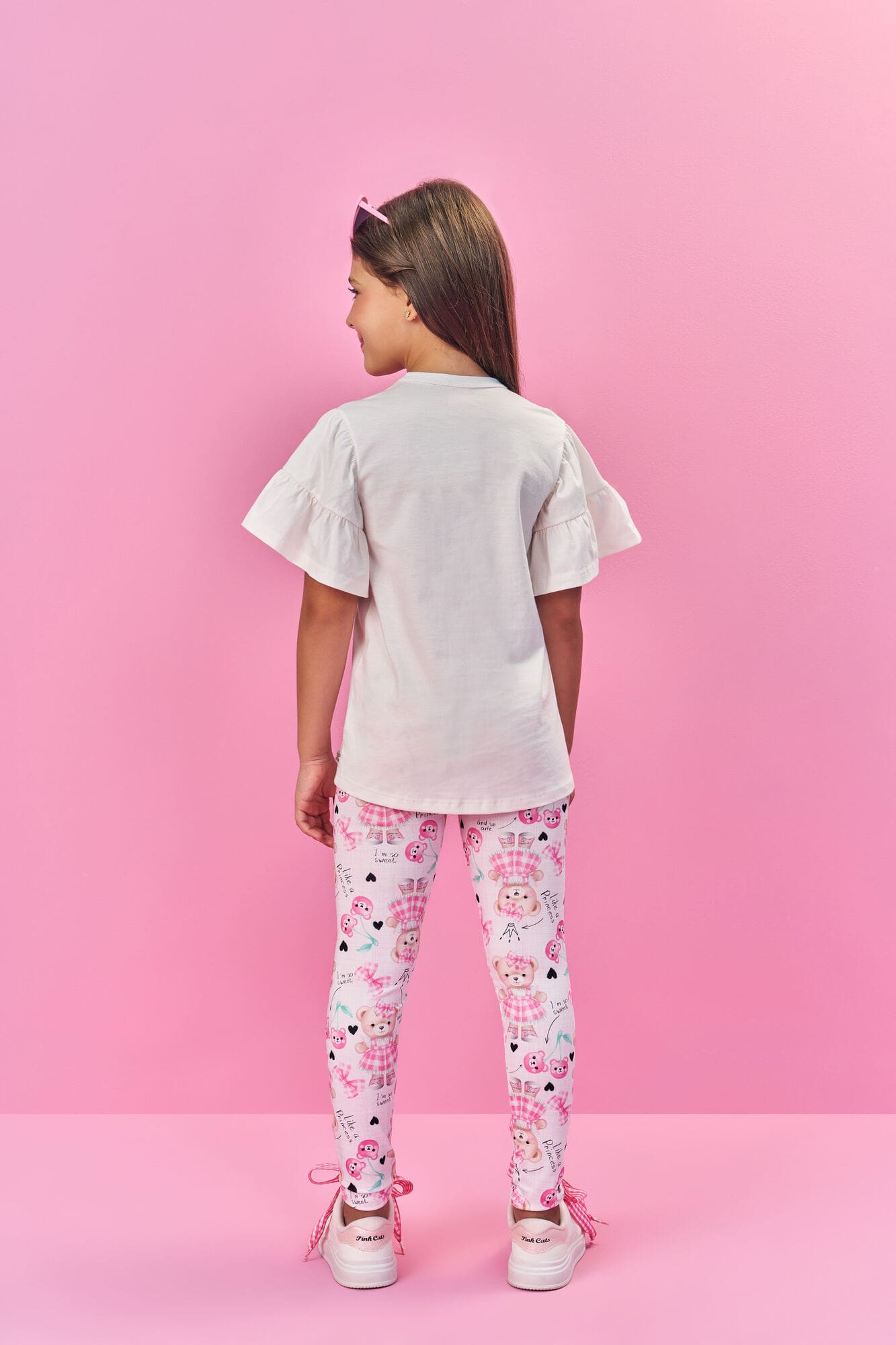 Conjunto Infantil Cinti com Calça Rosa e Blusa Branca Ursinha com Strass