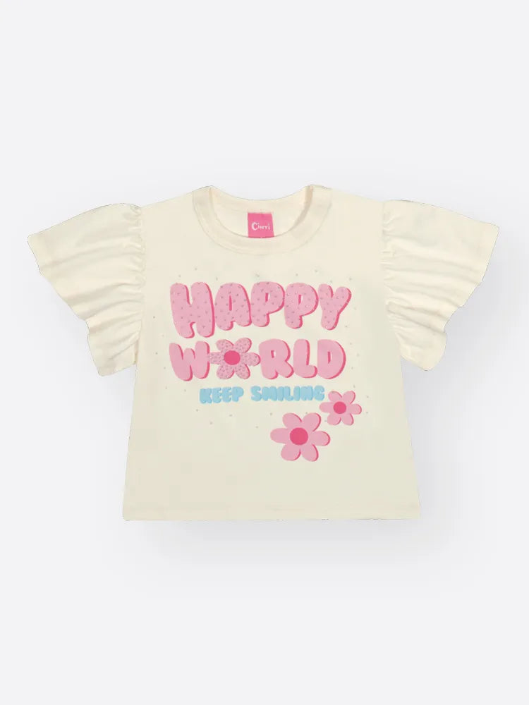 Conjunto Infantil Cinti Inverno Com Shorts e Blusa Manga Curta Branca Flores Happy