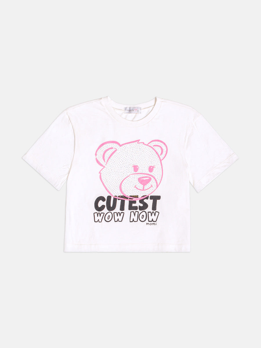 Conjunto Infantil Momi Inverno, Shorts Saia Rosa e Blusa Manga Curta Ursinha com Strass