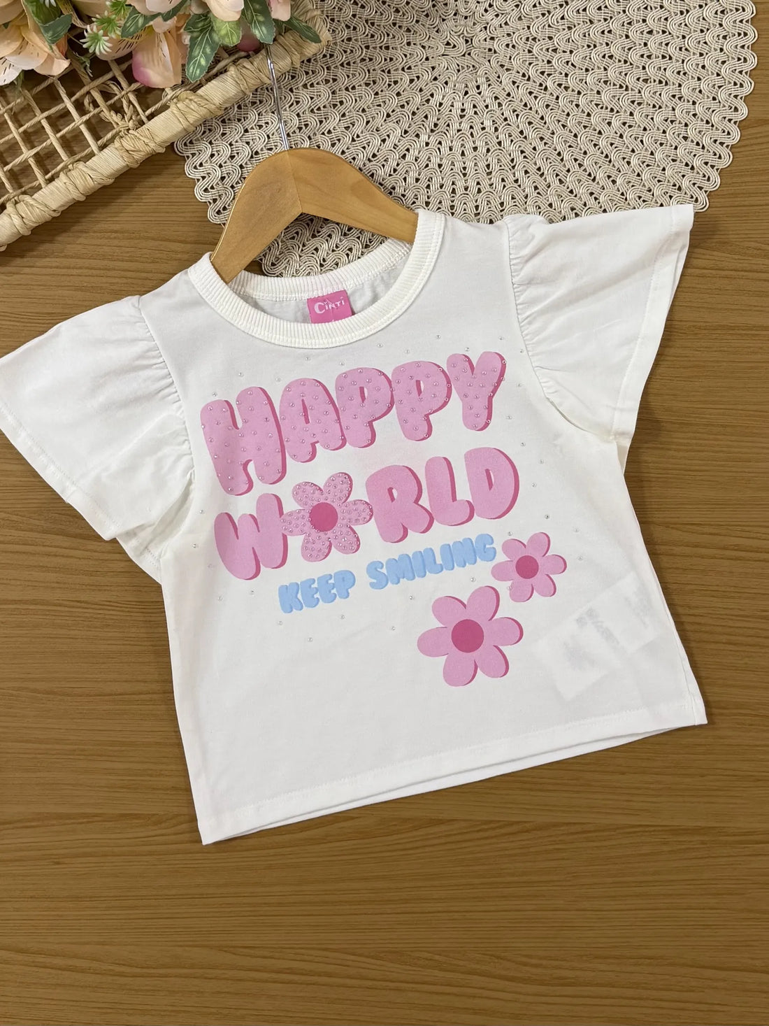 Conjunto Infantil Cinti Inverno Com Shorts e Blusa Manga Curta Branca Flores Happy