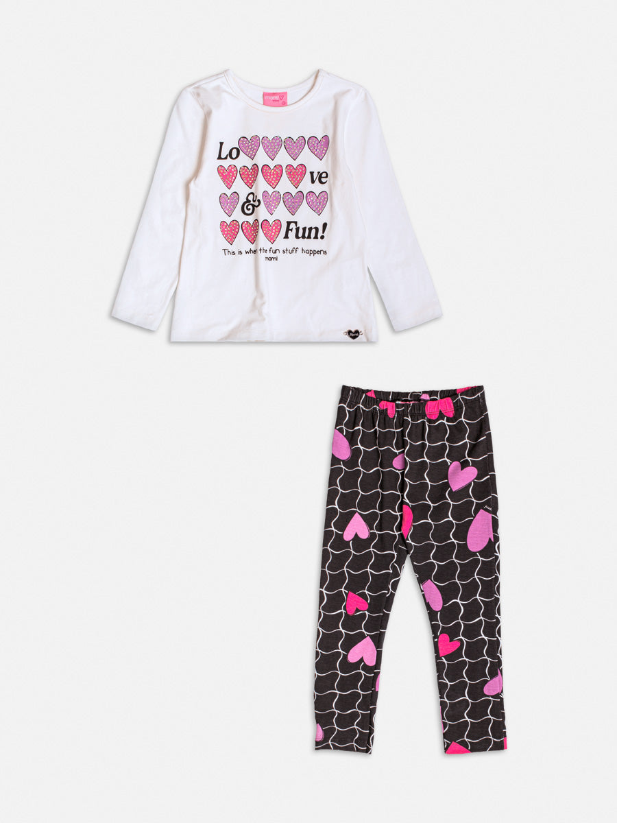 Conjunto Infantil Momi Inverno com Calça Preta e Blusa Branca Corações com Strass