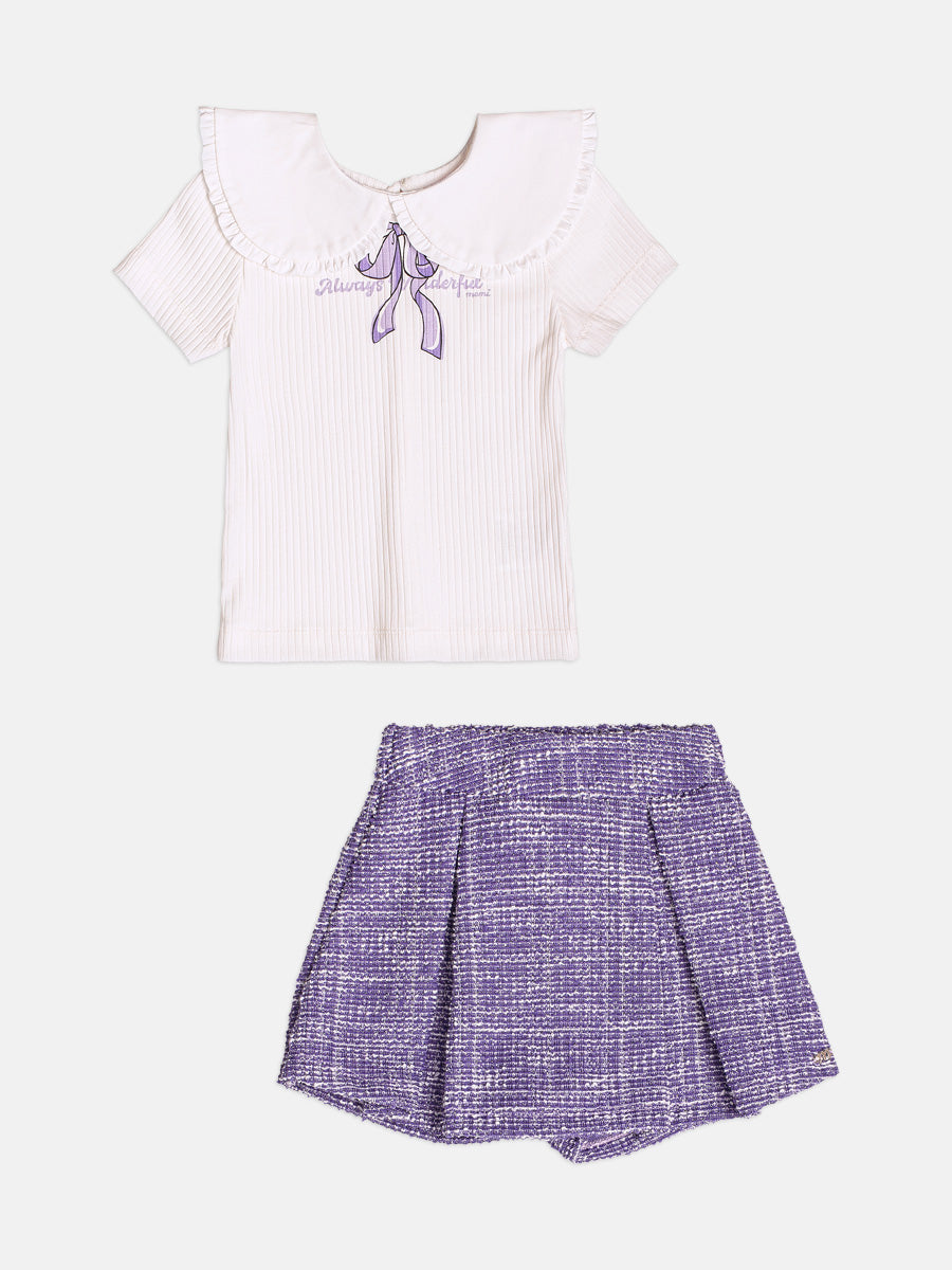 Conjunto Infantil Momi Inverno com Shorts Saia Lilás e Blusa Manga Curta Lacinho
