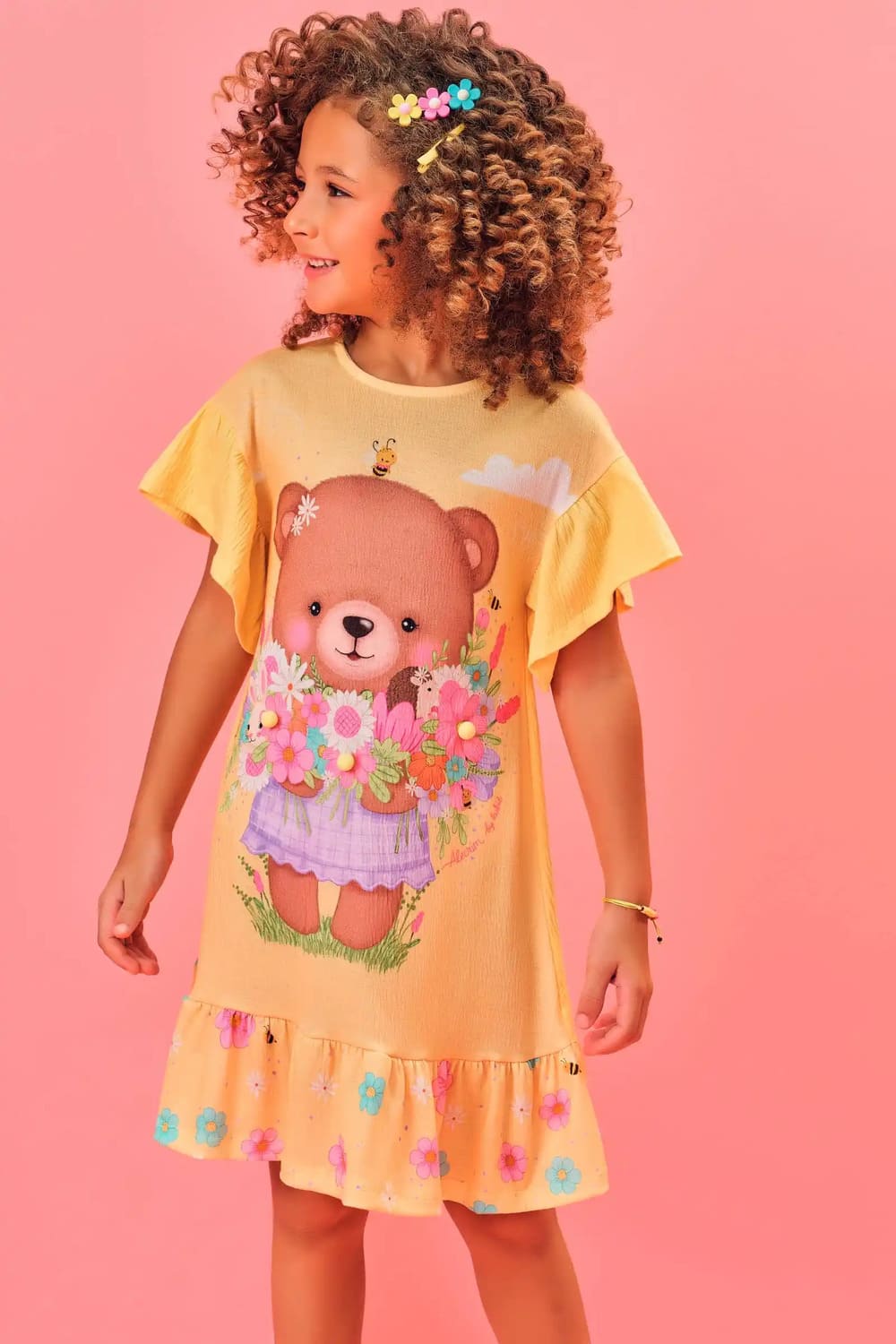 Vestido Infantil Kukie Verão Amarelo Ursinha Flores
