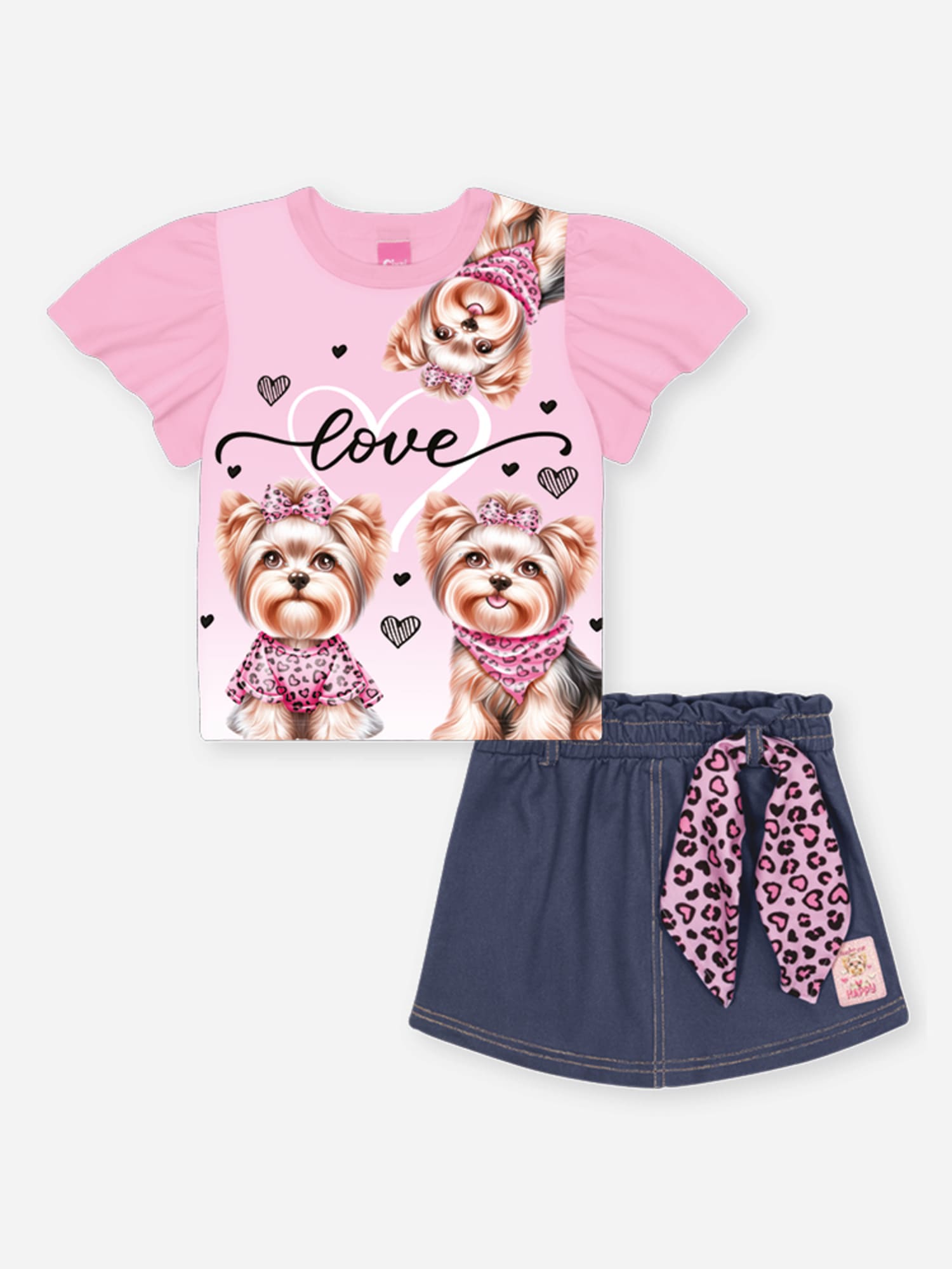 Conjunto Infantil Cinti Verão com Shorts Saia Azul Escuro e Blusa Rosa Cachorrinha Love