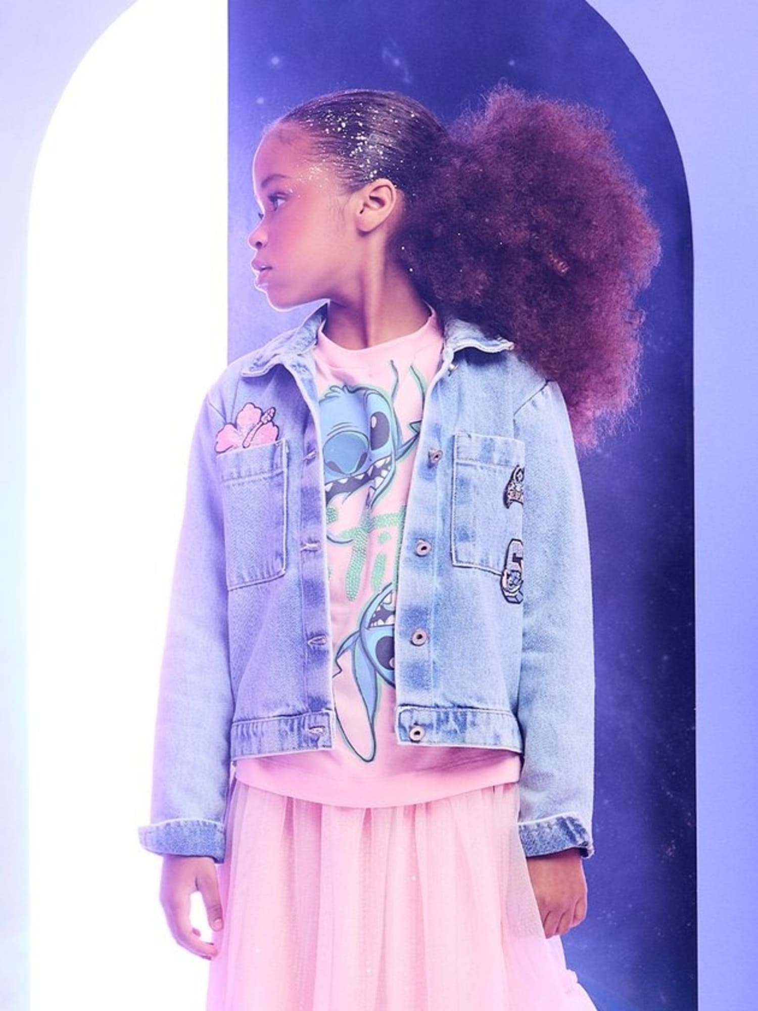 Jaqueta Infantil Animê Inverno Jeans Stitch com Strass Disney