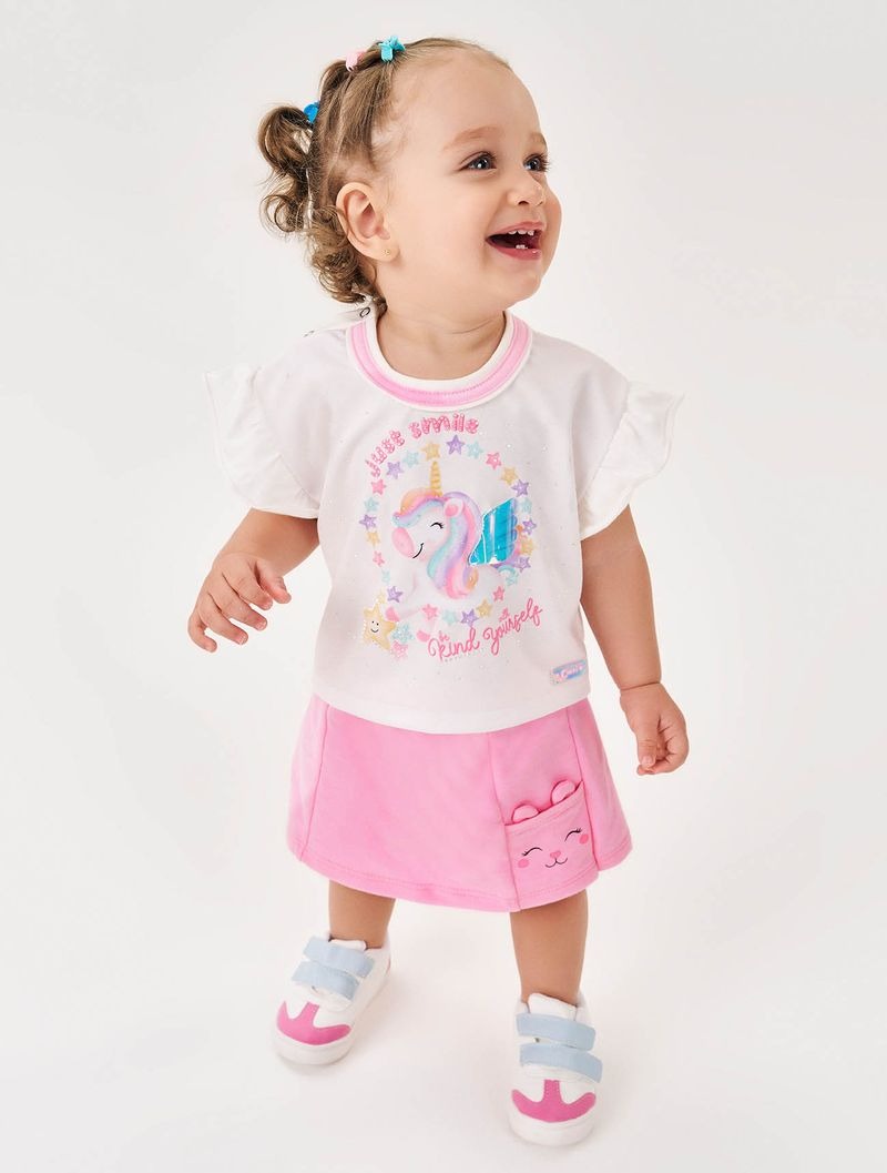 Conjunto Infantil Cinti Verão Shorts Saia Rosa e Blusa Unicórnio