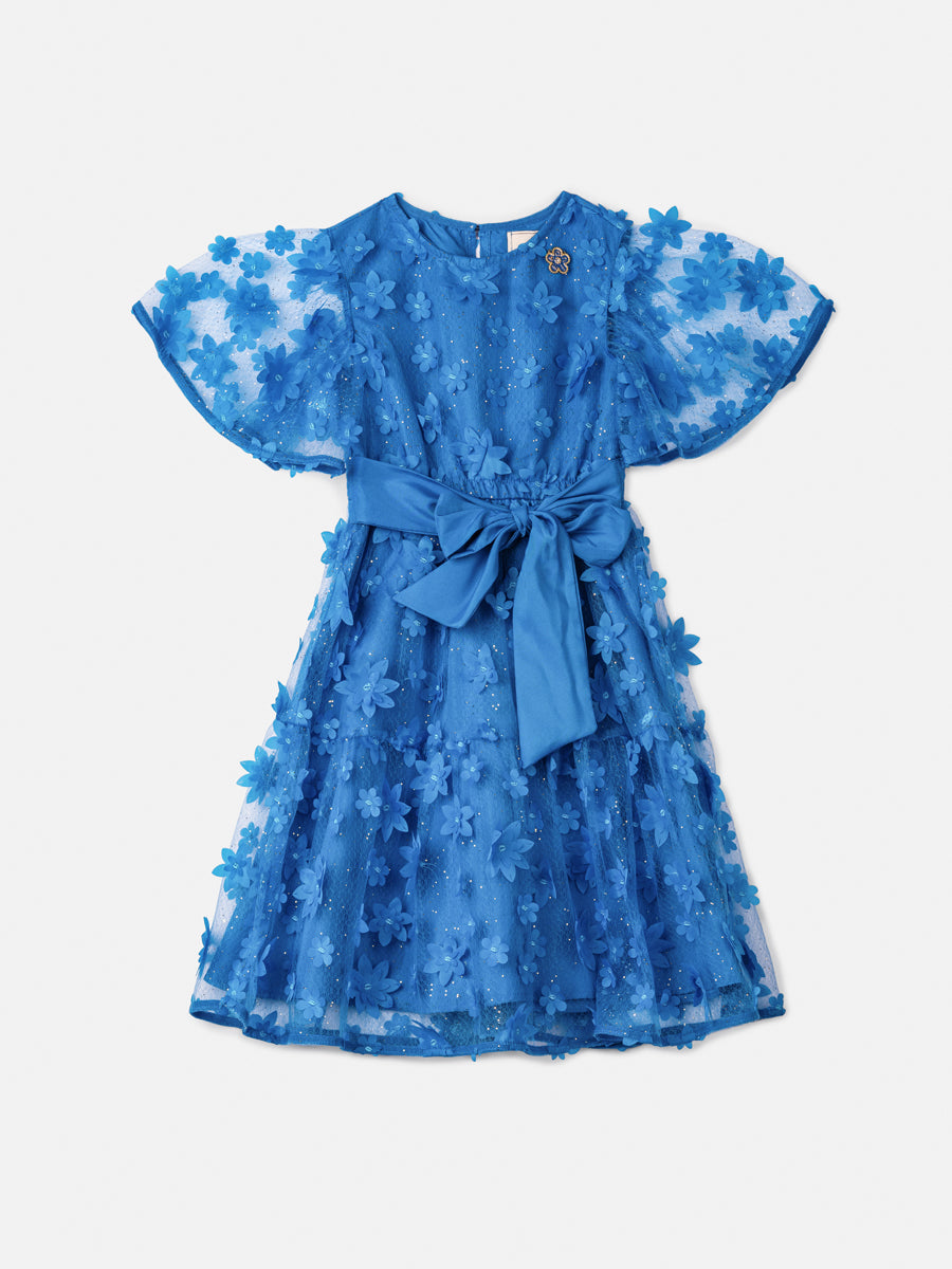 Vestido Infantil Animê Verão Azul Flores 3D
