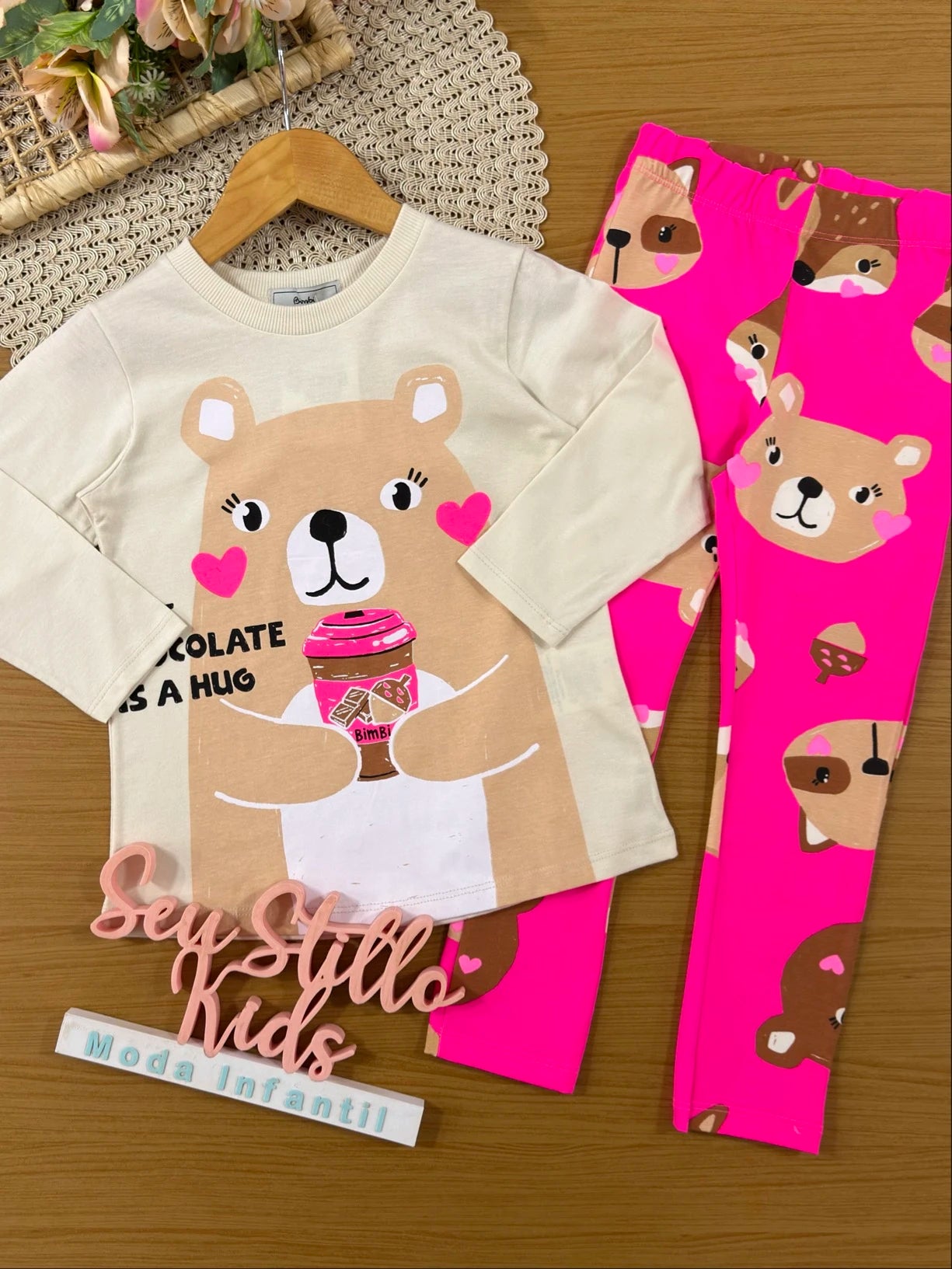 Conjunto Infantil Bimbi Inveno com Calça Legging Rosa e Blusa Manga Longa Ursinho