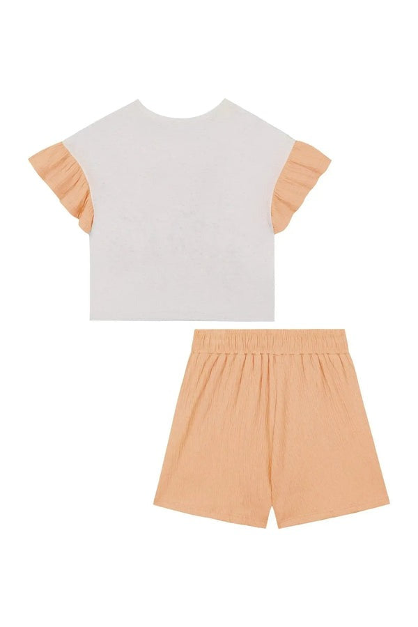 Conjunto Infantil Kukiê Verão com Shorts Laranja e Blusa Off White Menininha
