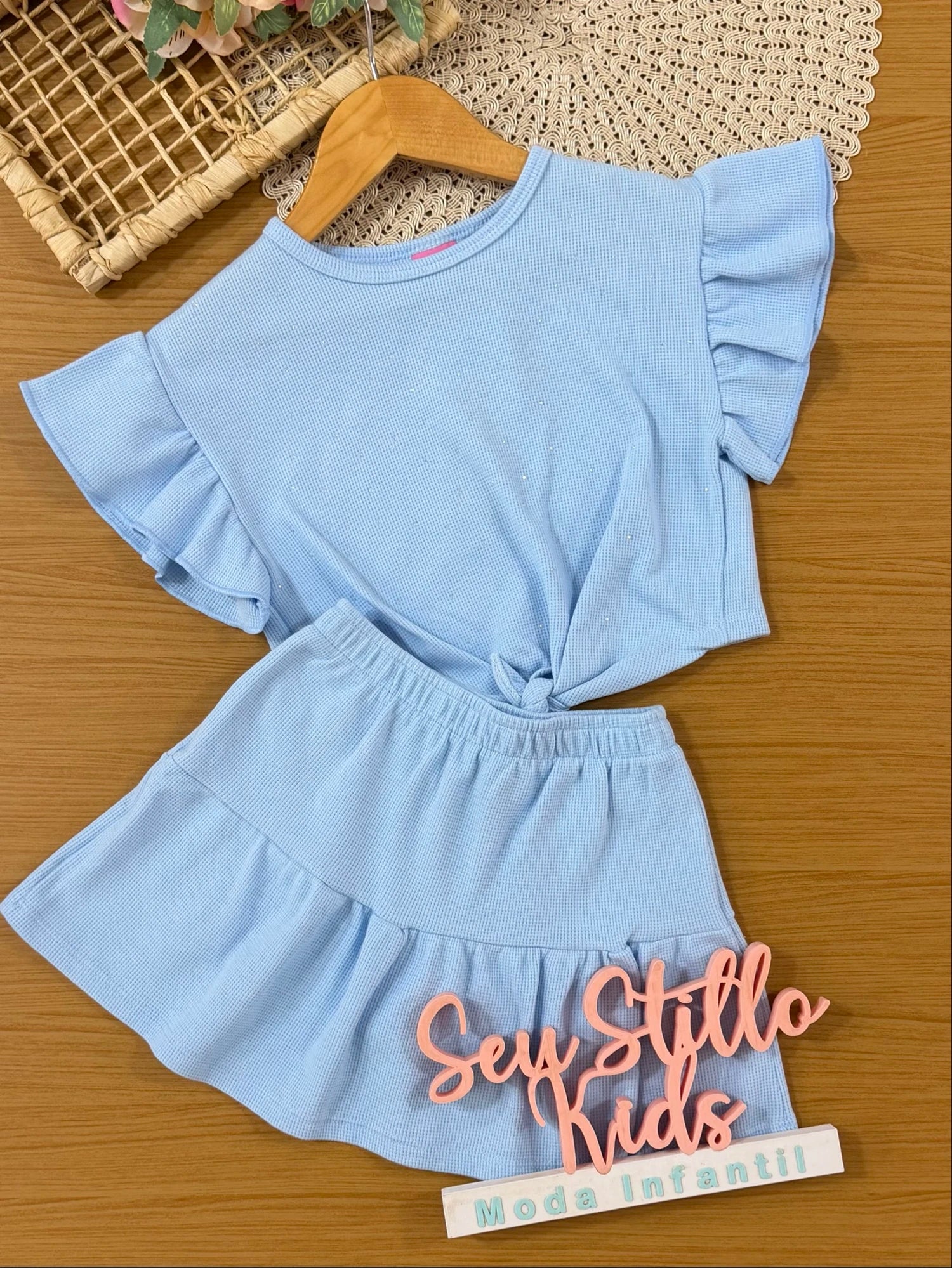 Conjunto Infantil Cinti Inverno, Saia e Blusa Manga Curta Azul com Strass