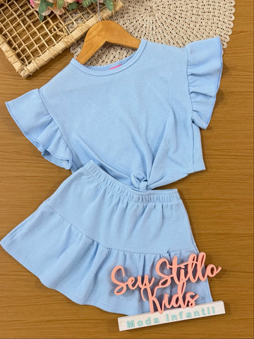 Conjunto Infantil Cinti Inverno, Saia e Blusa Manga Curta Azul com Strass