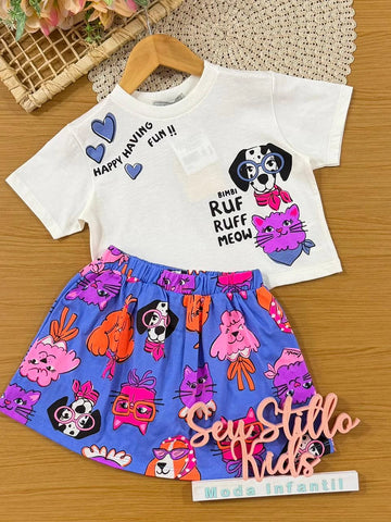 Conjunto Infantil Menina Bimbi com Saia Azul e Blusa Cachorrinha e Gatinha