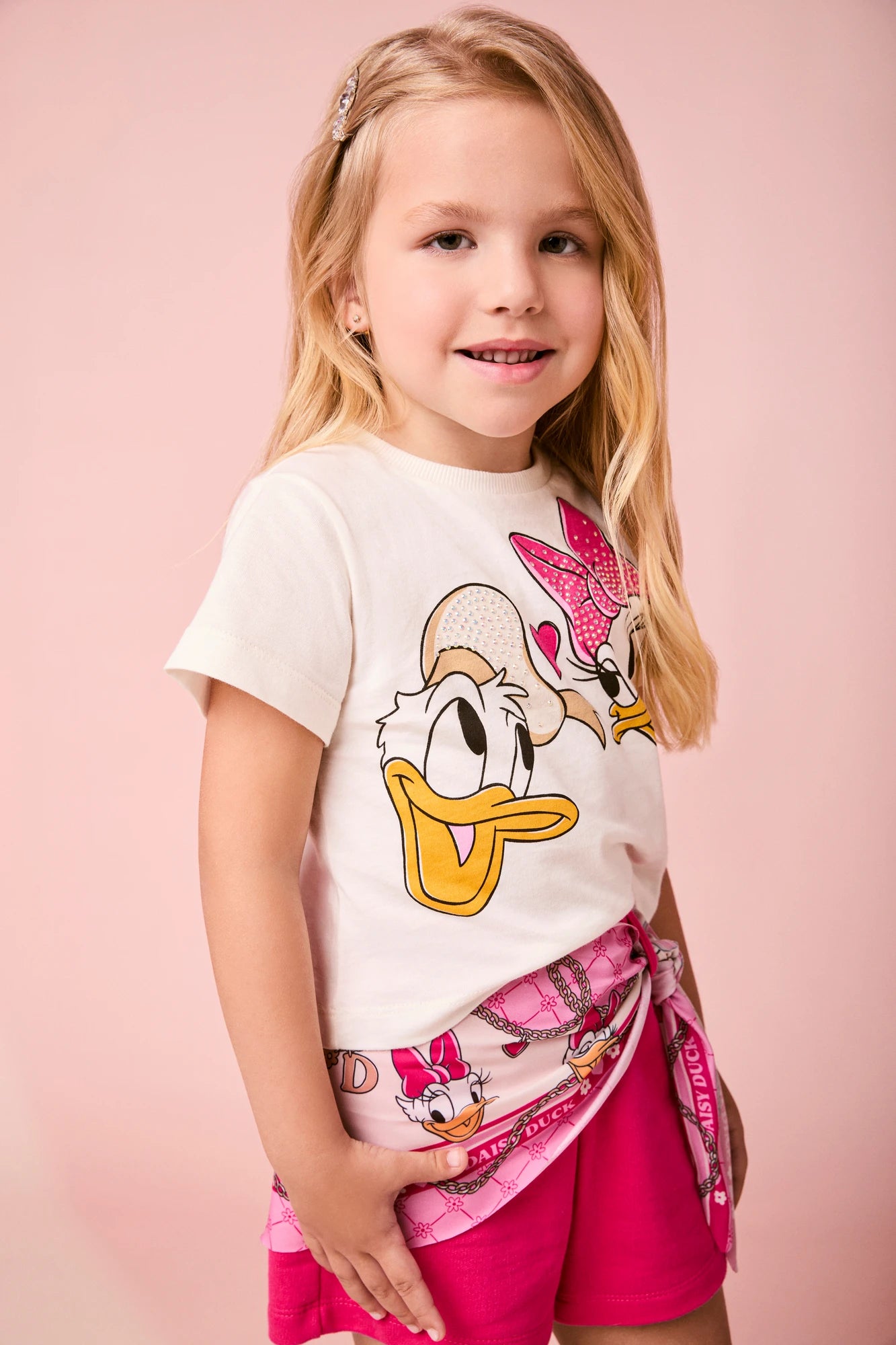 Conjunto Infantil Momi Inverni, Shorts com Lenço Rosa e Blusa Manga Curta Daisy e Donald Disney