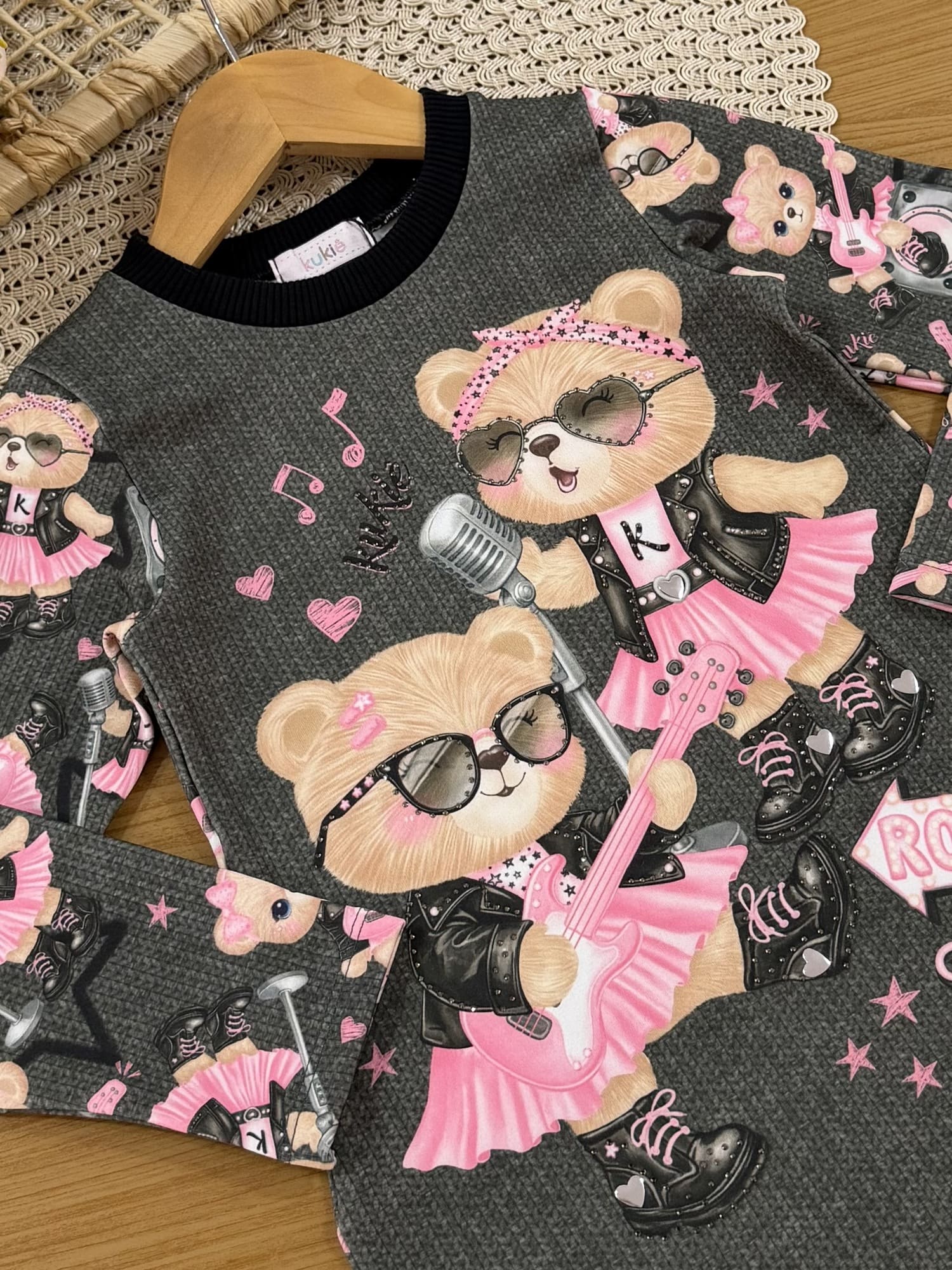 Vestido Infantil Kukiê Inverno Térmico Cinza Ursinha Roqueira