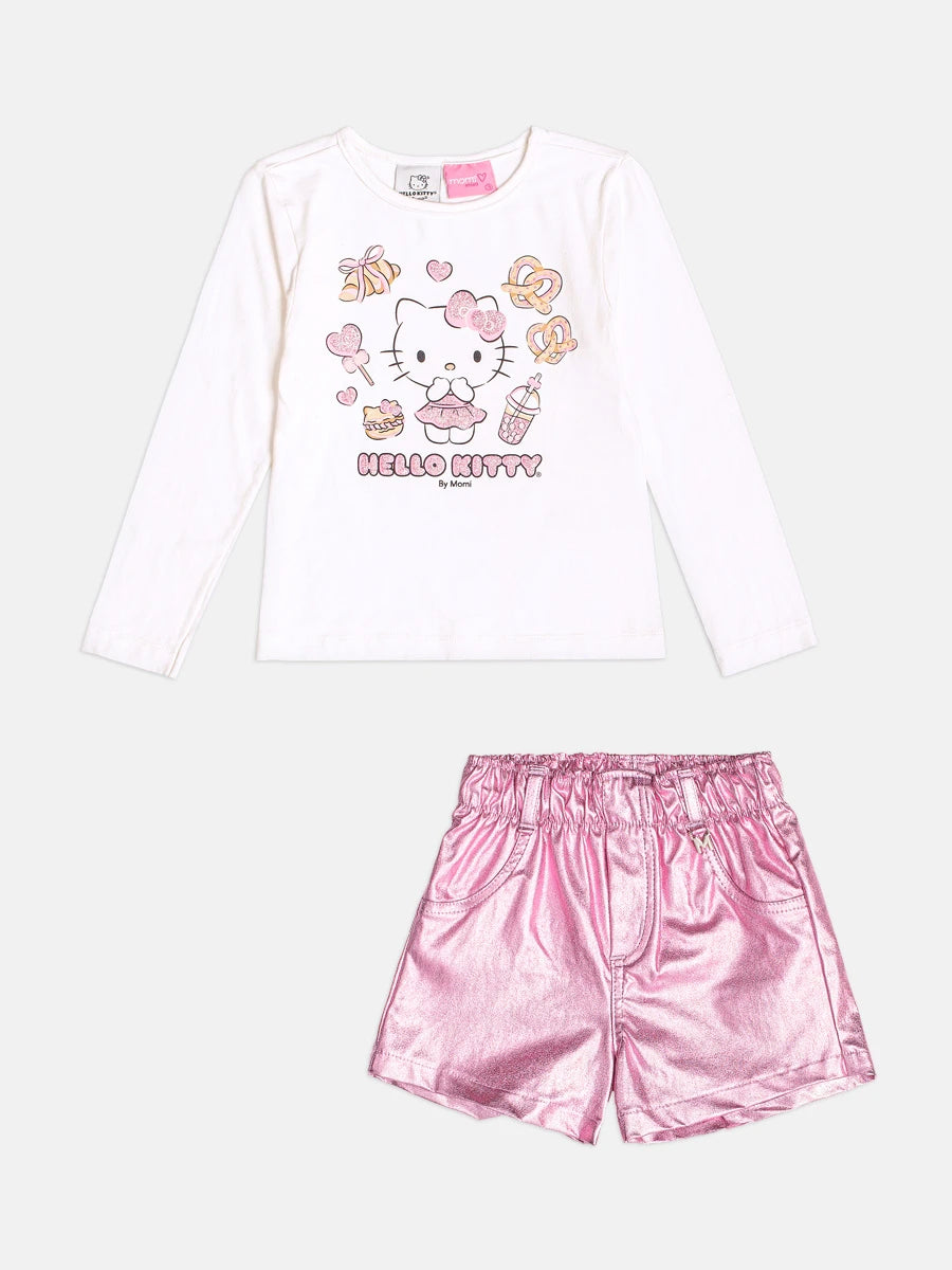 Conjunto Infantil Momi Inverno com Shorts Rosa Metalizado e Blusa Manga Longa Hello Kitty Docinhos