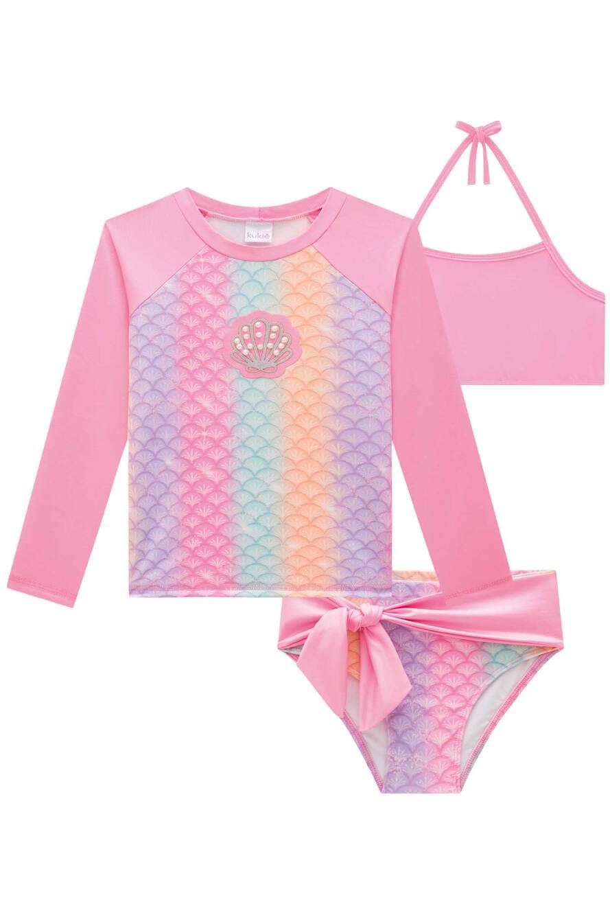 Biquíni Infantil Kukie Verão Com Blusa Manga Longa Rosa Sereia