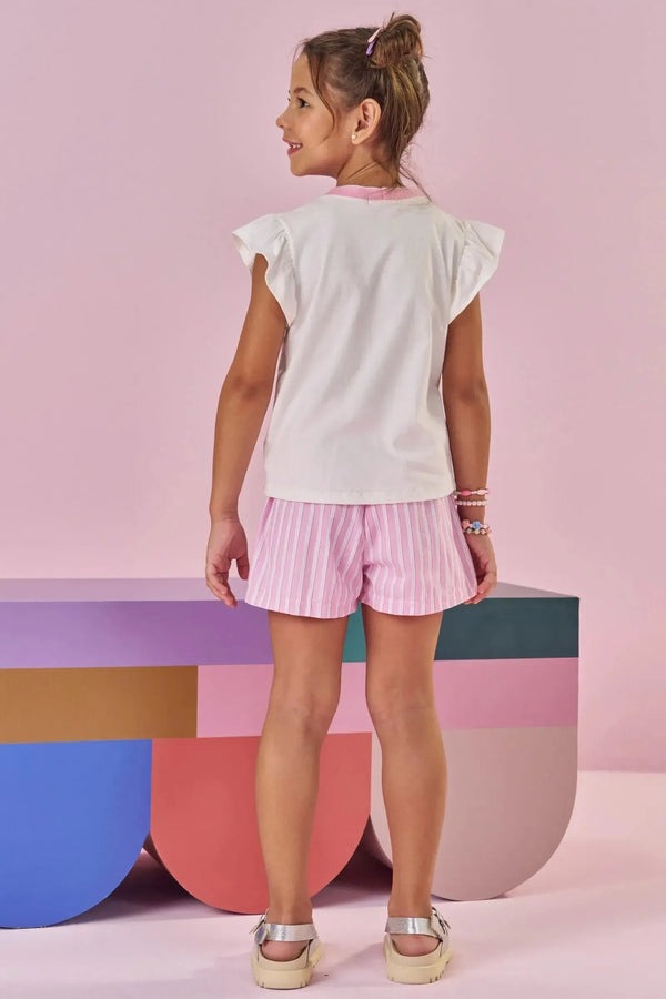 Conjunto Infantil Kukiê Verão com Shorts Rosa Listrado e Blusa Branca Menina Arco-íris