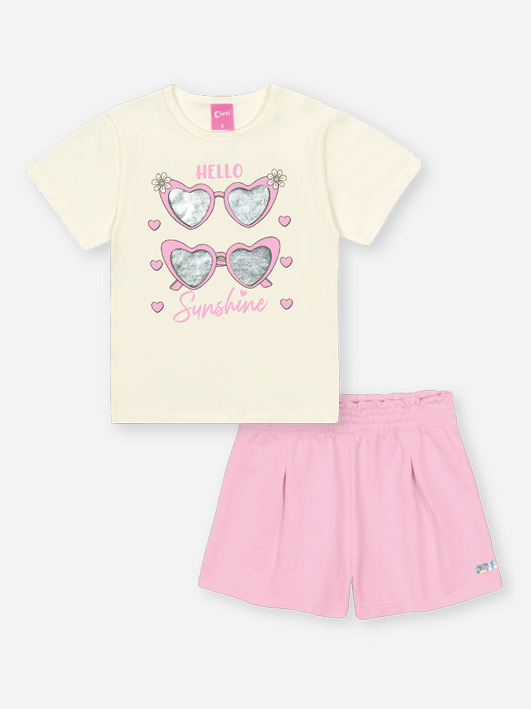 Conjunto Infantil Cinti com Shorts Rosa e Blusa Hello Sunshine