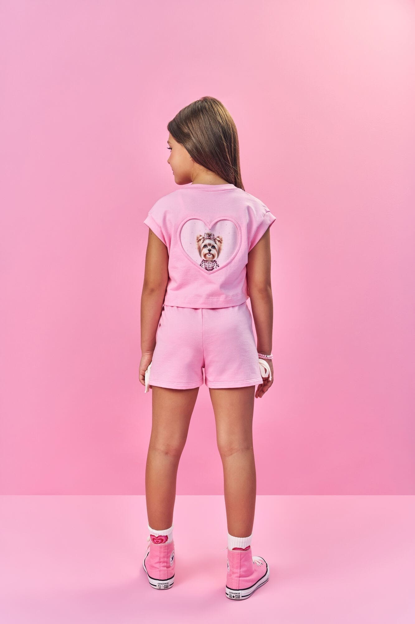 Conjunto Infantil Cinti Verão com Shorts e Colete Rosa Cachorrinha e Cropped Branco