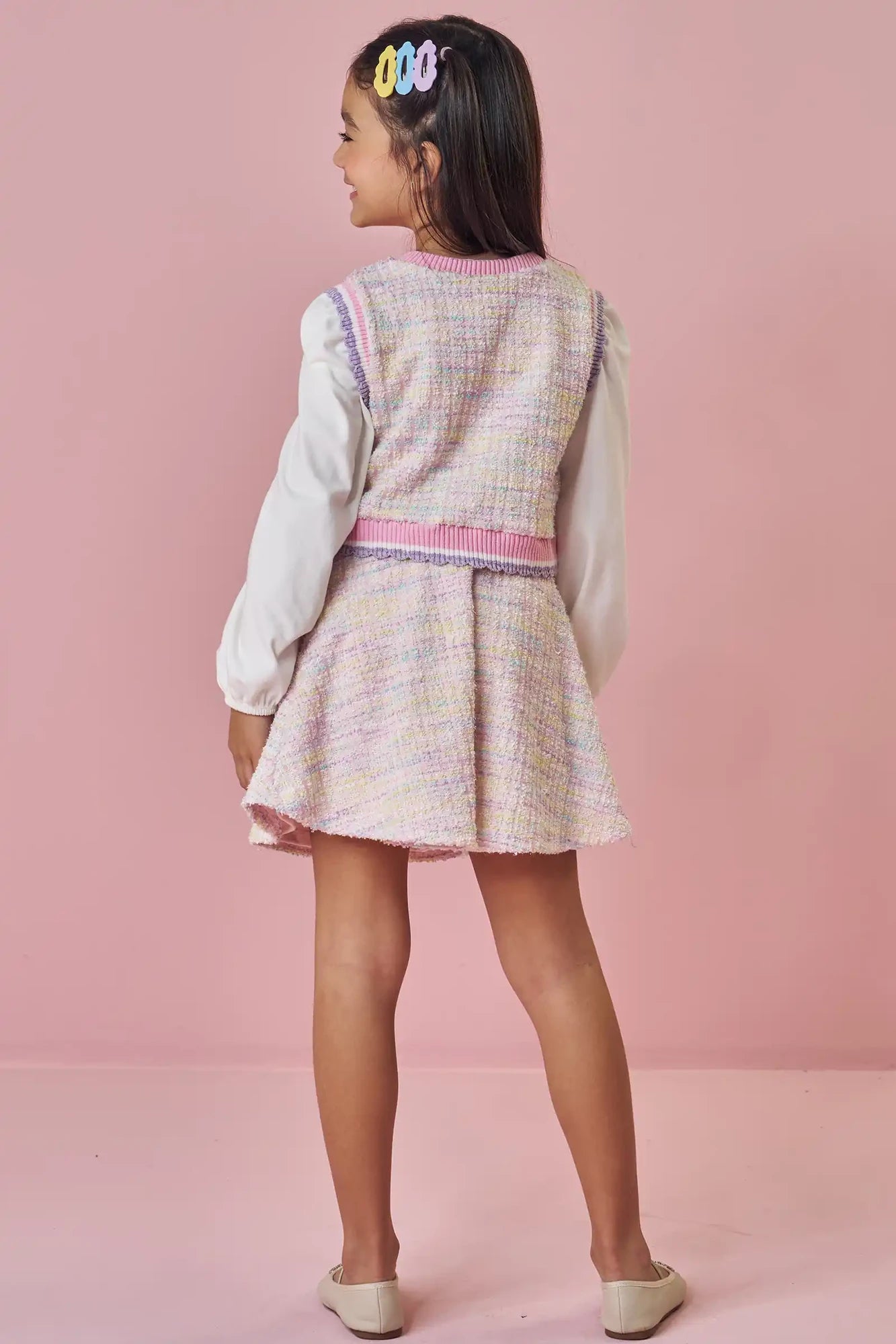 Conjunto Infantil Kukiê Inverno com Saia, Colete Tweed colorido e Blusa Manga Longa