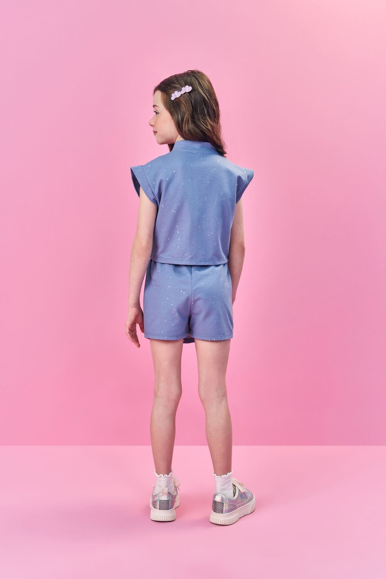 Conjunto Infantil Cinti Verão com Shorts Saia e Cropped com Colete Azul
