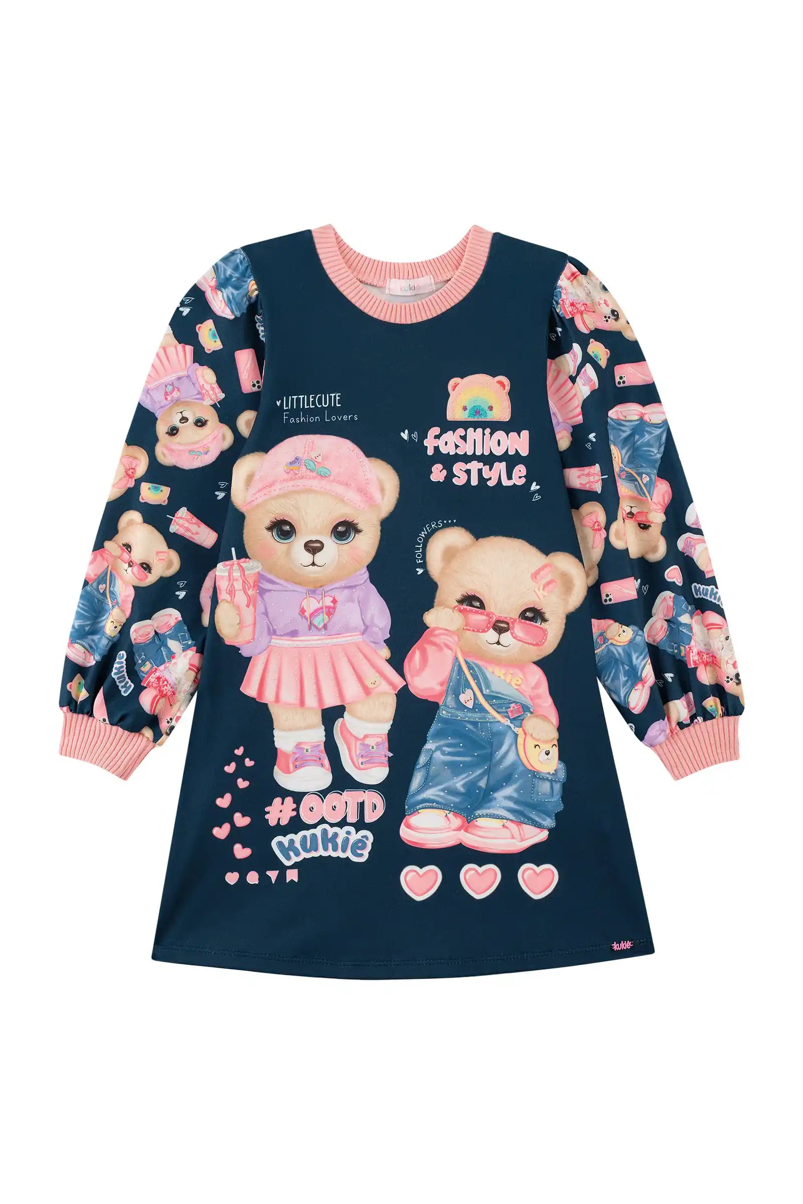 Vestido Infantil Kukiê Inverno Azul Marinho Ursinhas Fashion e Style