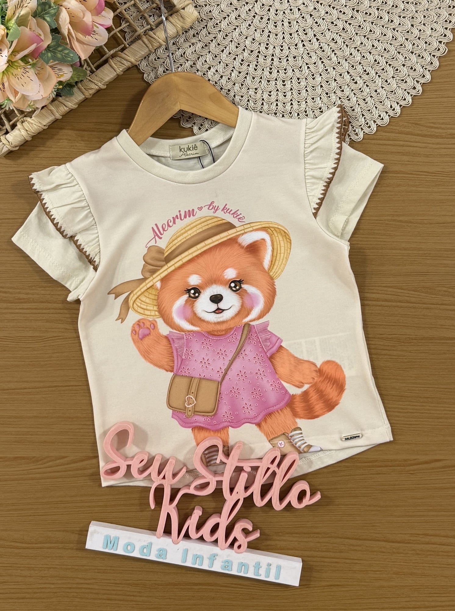 Blusa Infantil Kukiê Verão Bege Pandinha Vermelho