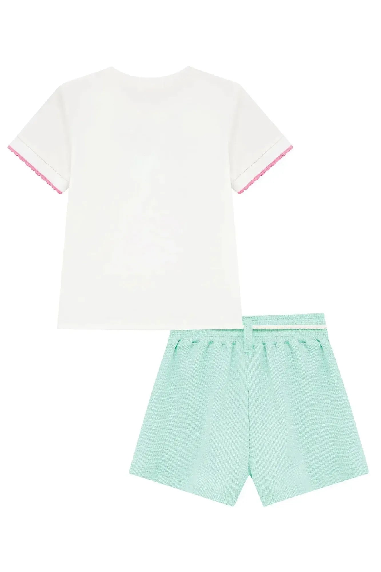 Conjunto Infantil Menina Kukiê com Shorts Saia Azul e Blusa Branca Docinhos