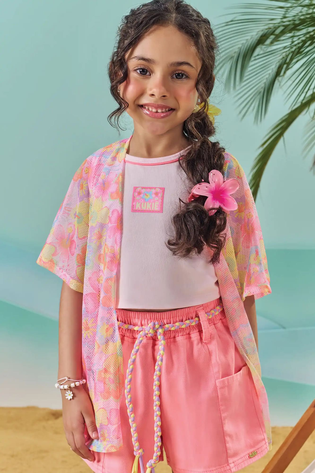 Conjunto infantil Kukiê Verão Blusa, Kimono Floral e shorts Rosa