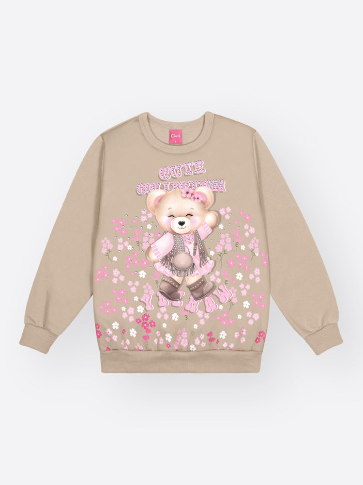 Conjunto Infantil Cinti Inverno com Calça e Moletom Flanelado Bege Ursinha Cute