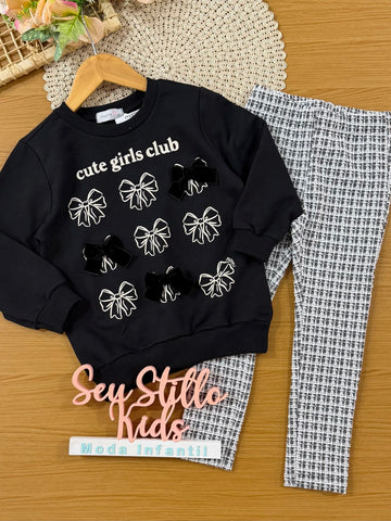 Conjunto Infantil Momi Inverno com Calça Legging e Moletom sem Flanela Preto Cute Girls Club