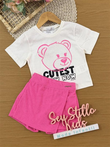 Conjunto Infantil Momi Inverno, Shorts Saia Rosa e Blusa Manga Curta Ursinha com Strass