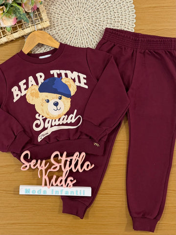 Conjunto Infantil Momi Inverno com Calça e Moletom sem Flanela Vinho Bear Time