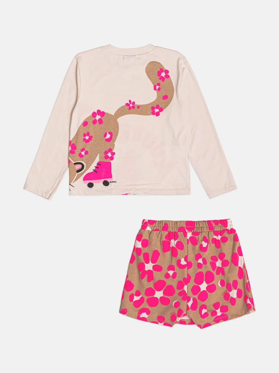 Conjunto Infantil Bimbi Inverno com Shorts Saia Blusa Manga Longa Bege Oncinha