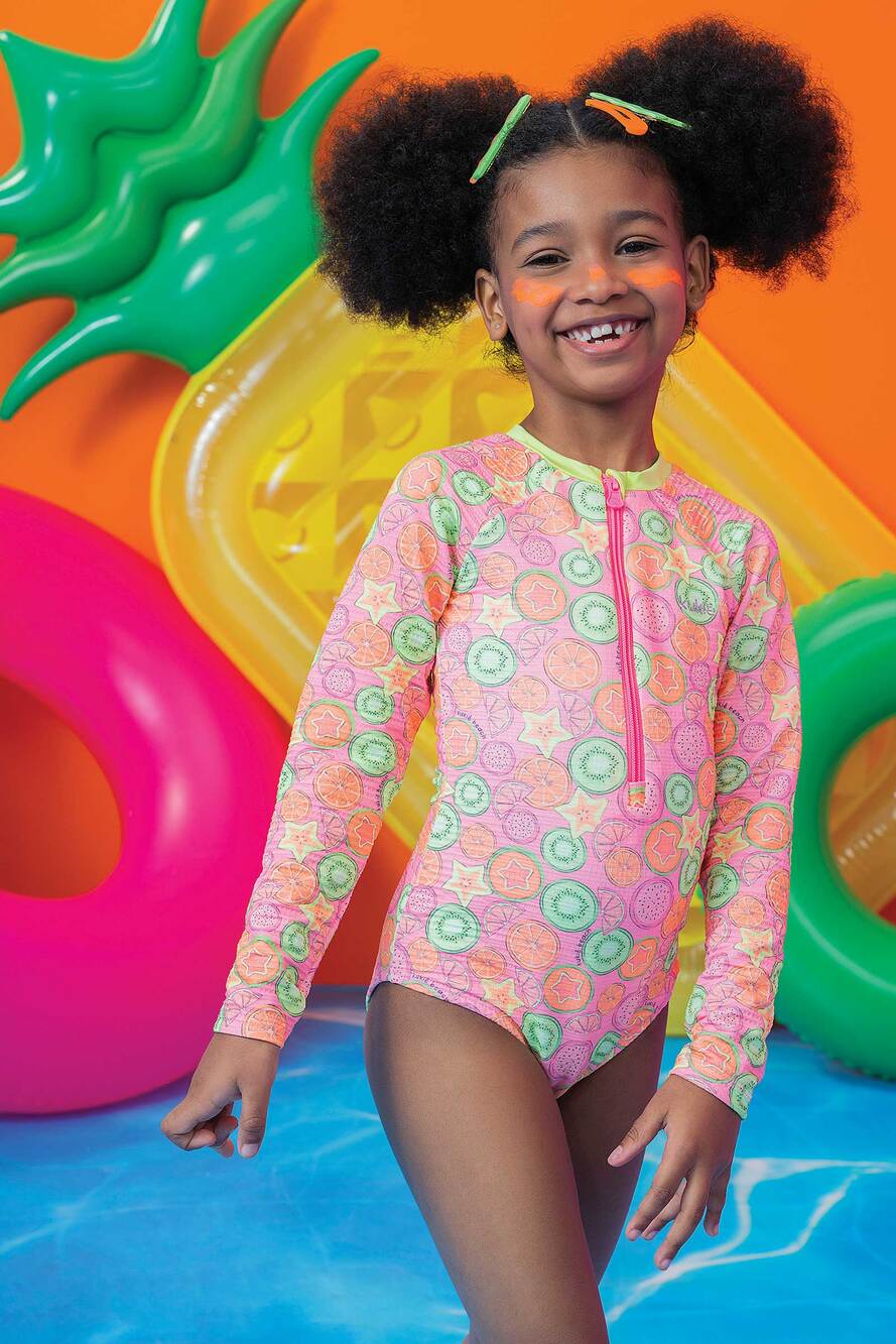 Maiô Infantil Kukie Verão Manga Longa Rosa Frutinhas