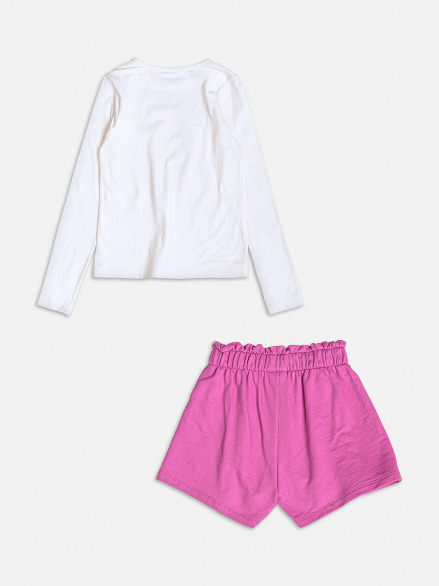 Conjunto Infantil Momi Inverno com Shorts Roxo e Blusa Manga Longa Branca Lacinho