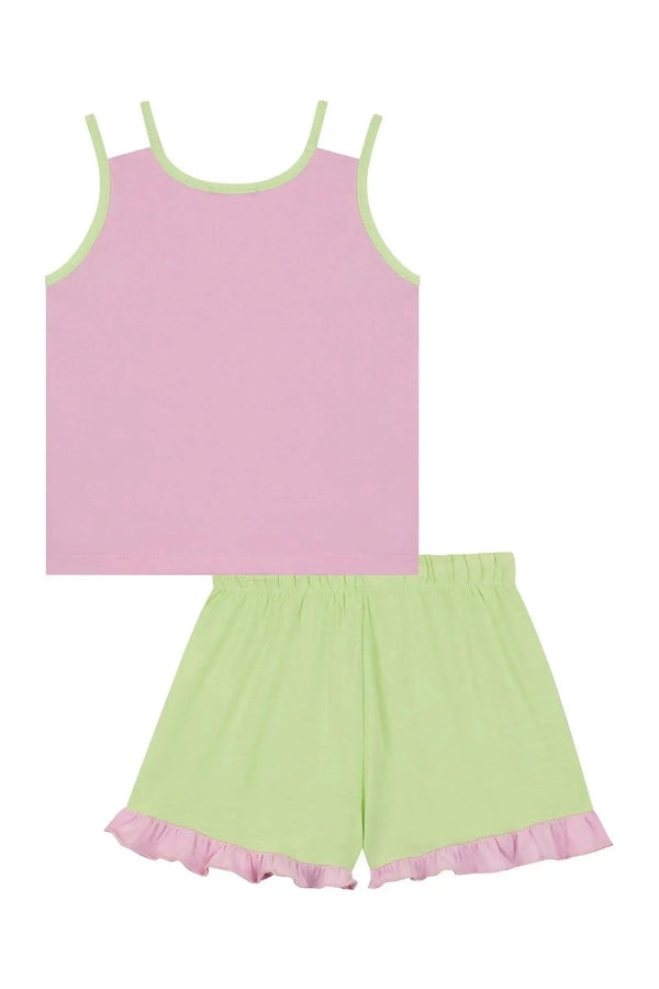 Pijama Infantil Kukiê Verão com Shorts Verde e Regata Rosa Unicórnio Hora de Dormir
