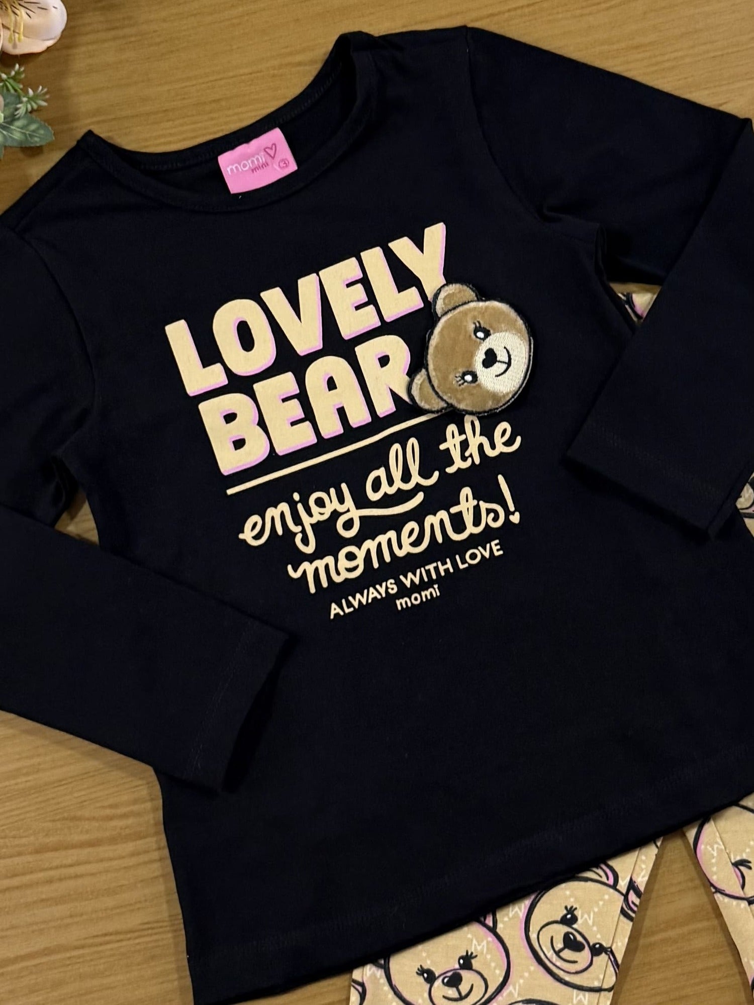 Conjunto Infantil Momi Inverno com Calça e Blusa Preta Ursinho