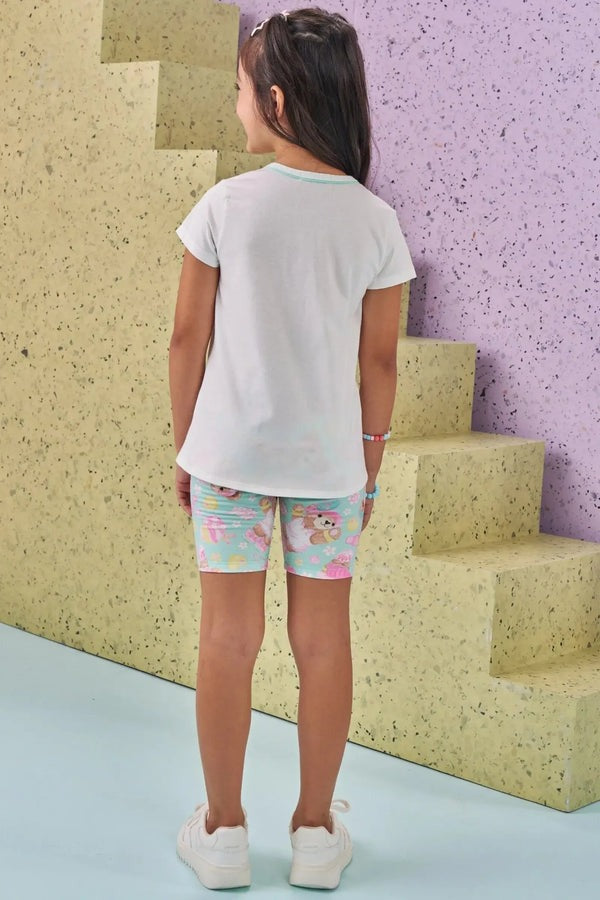 Conjunto Infantil Kukiê Verão com Shorts Ciclista Verde e Blusa Branca Ursinhas Tênista