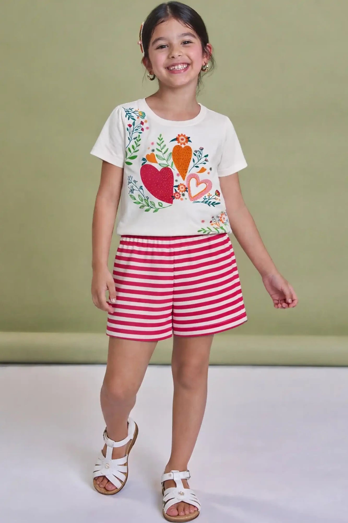 Conjunto Infantil Kukiê com Shorts Rosa Listrado e Blusa Florzinhas e Corção