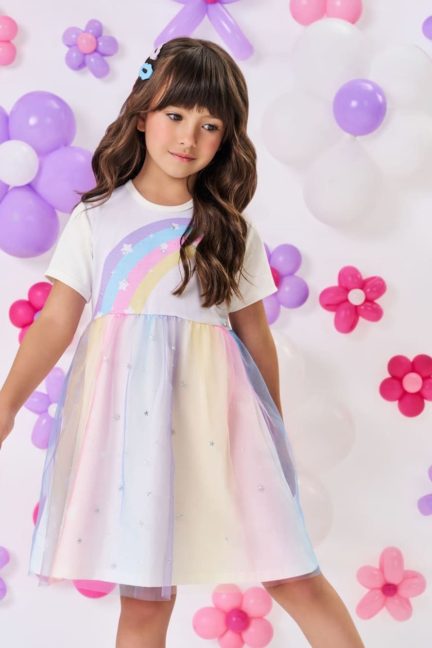 Vestido Infantil Cinti Verão Arco-íris Com Tule