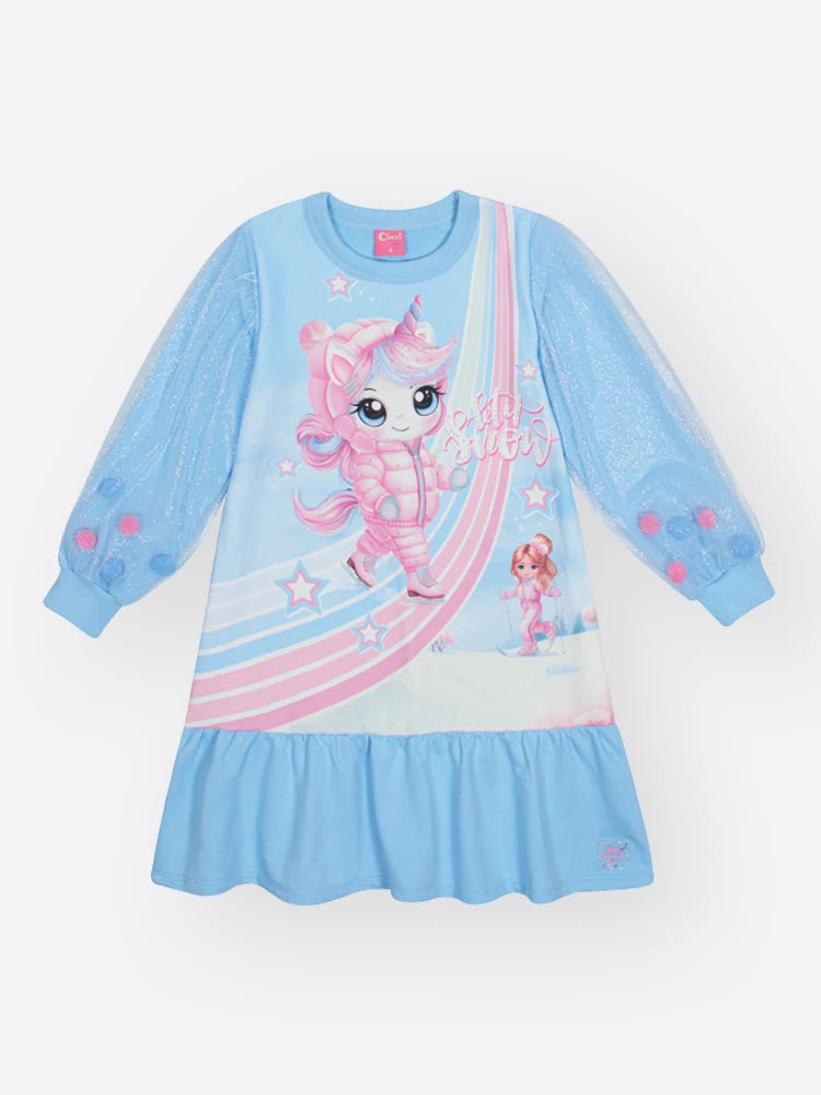 Vestido Infantil Cinti Inverno sem Flanela com Tule Azul Unicórnio Snow