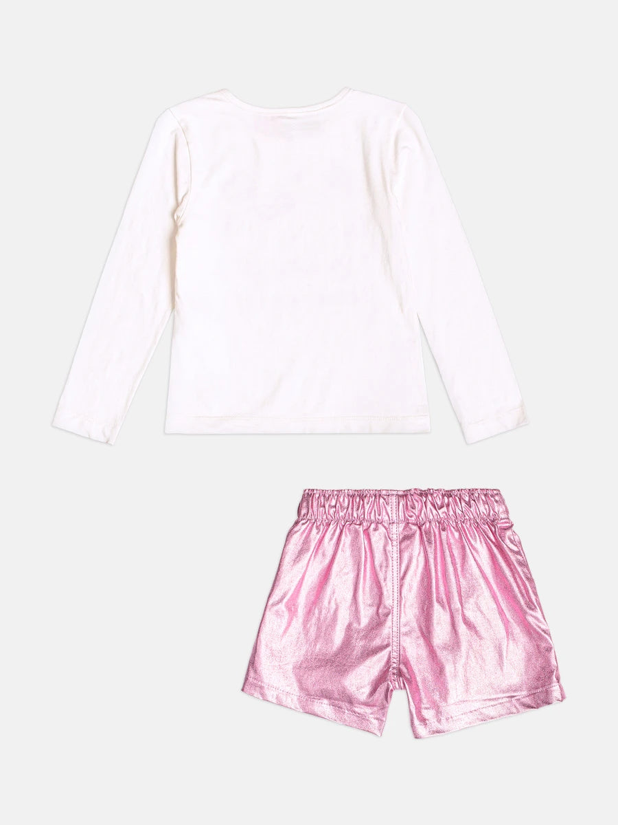 Conjunto Infantil Momi Inverno com Shorts Rosa Metalizado e Blusa Manga Longa Hello Kitty Docinhos