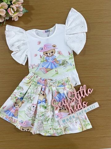 Conjunto Infantil Kukie Verão Com Saia e Blusa Ursinha Piquenique