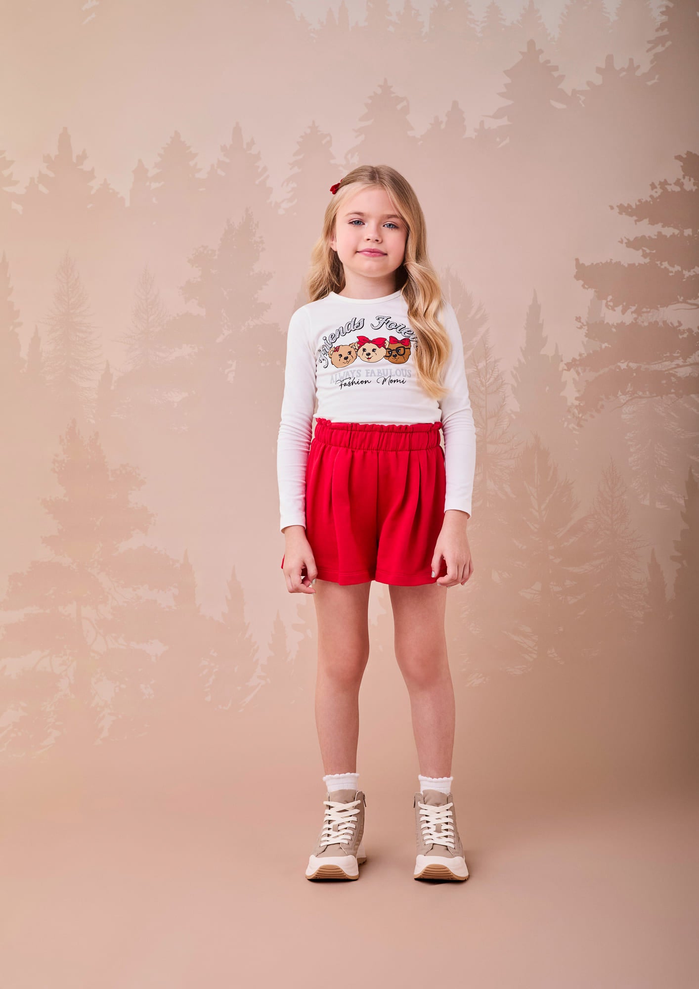 Conjunto Infantil Momi Inverno Shorts Vermelho e Blusa Manga Longa Ursinhas