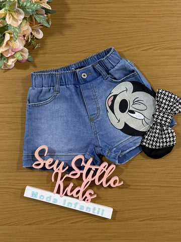 Shorts infantil Animê Jeans Minnie com Laço Disney
