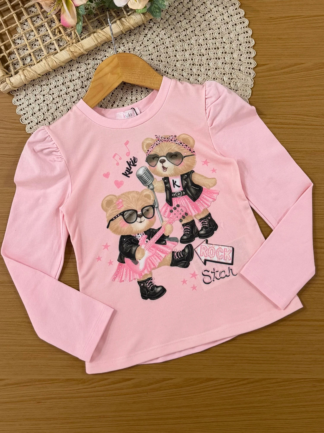 Conjunto Infantil Kukiê Inverno com Shorts Preto e Blusa Manga Longa Ursinhas Rockstar