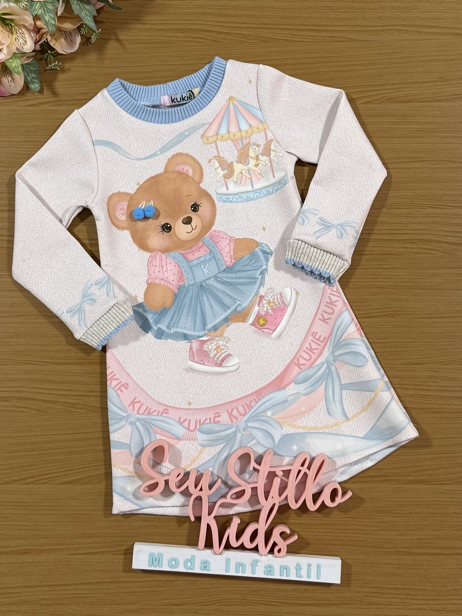 Vestido Infantil Kukiê Inverno Rosa Ursinha Carrosel