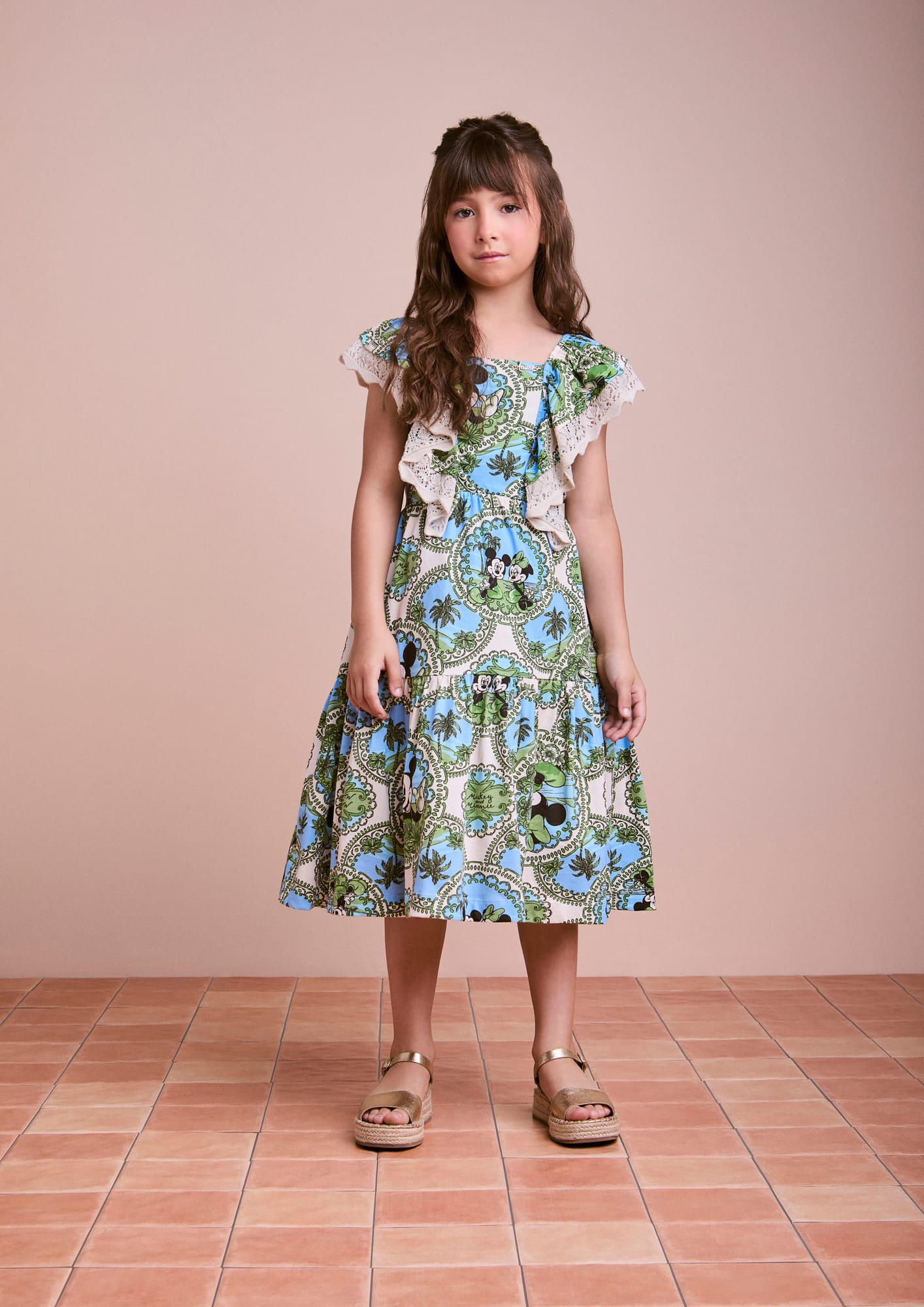 Vestido Infantil Animê Verão Estampado com Trico Minnie e Mickey Disney